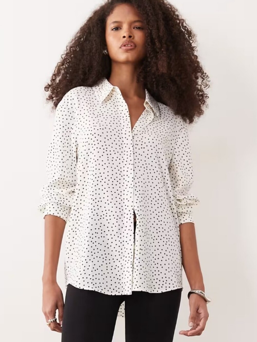 Mango Polka Dot Button Up Longsleeve Collared Shirt Blouse Ivory Cream Black L